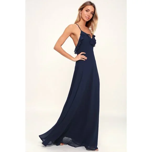 Lulus Metropolitan Navy Blue Ruffled Maxi Dress Large V Neck Sleeveless - Picture 3 of 16